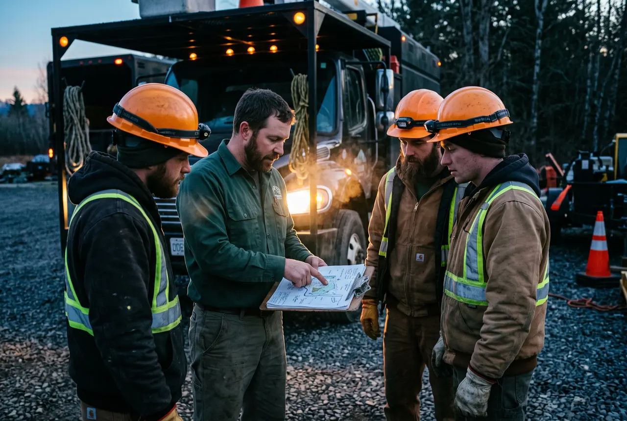 Summit crew gathered for a morning safety briefing beside the truck at dawn