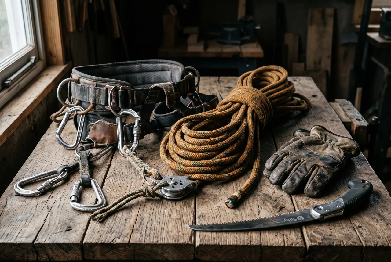 Arborist climbing saddle, carabiners, hand saw and rope laid out on weathered oak planks