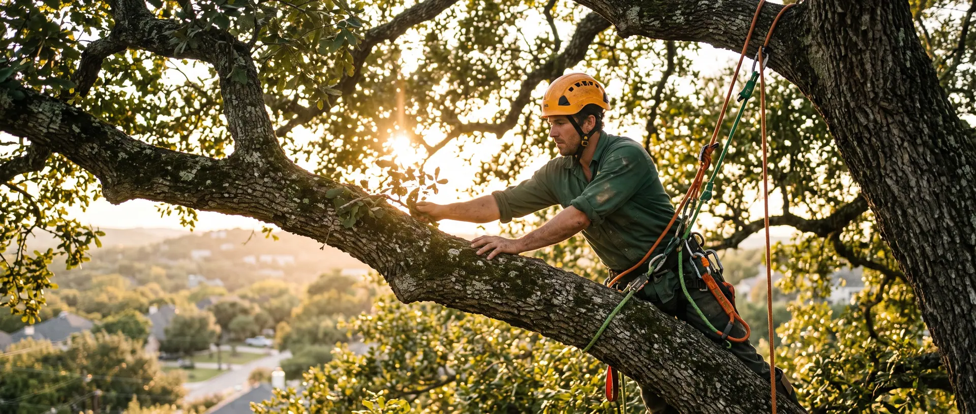 ISA Certified Arborist roped into the crown of a mature Texas live oak at golden hour above an Austin neighbourhood