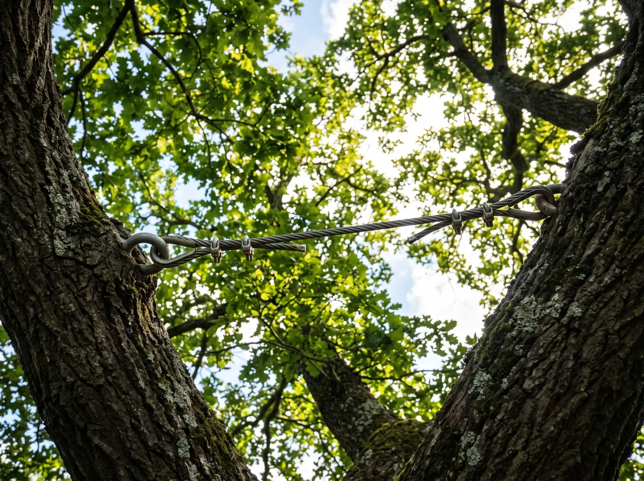 Steel cable brace installed between two large limbs in an oak canopy