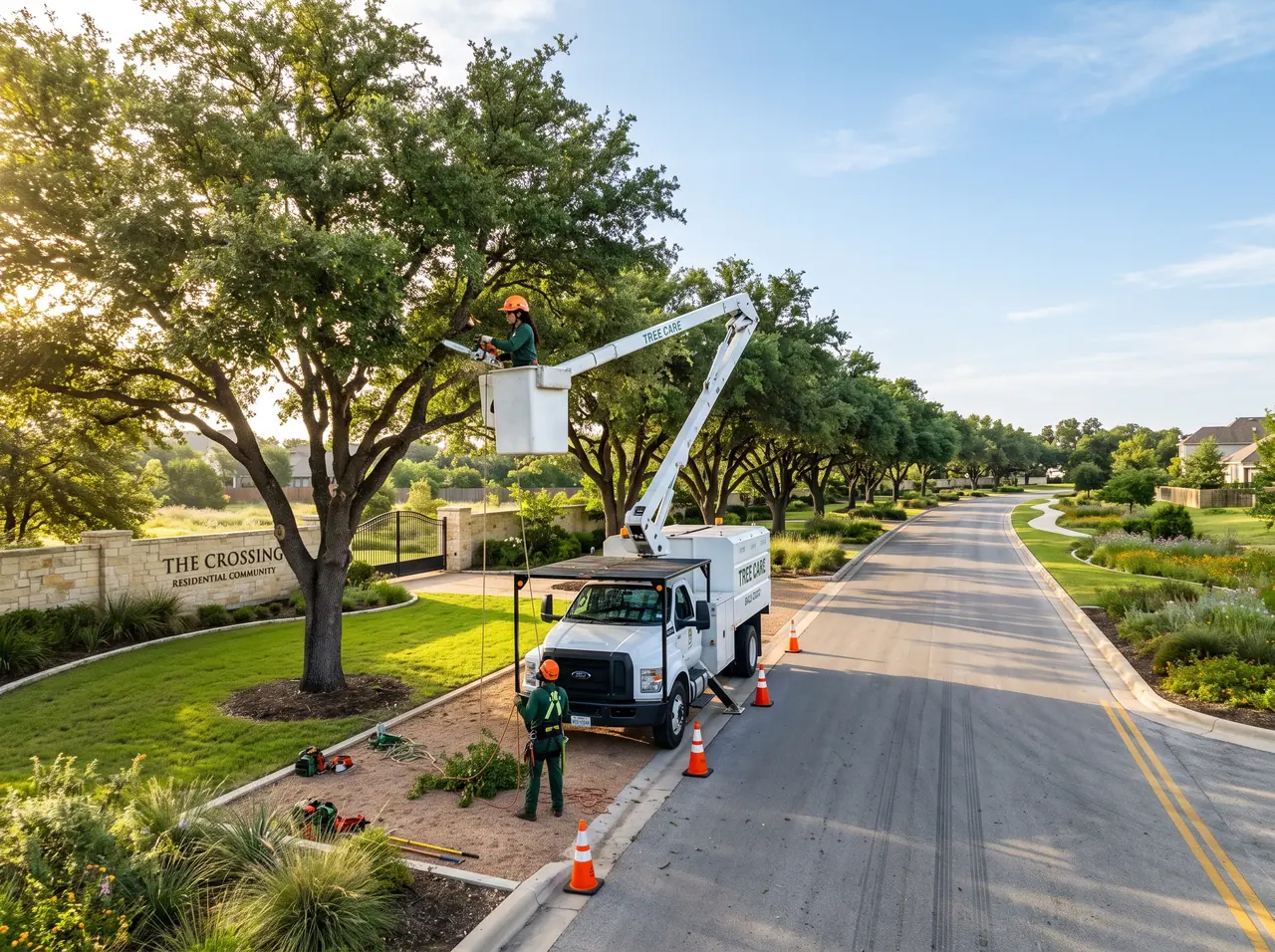 Crew trimming mature oaks along a landscaped community entrance