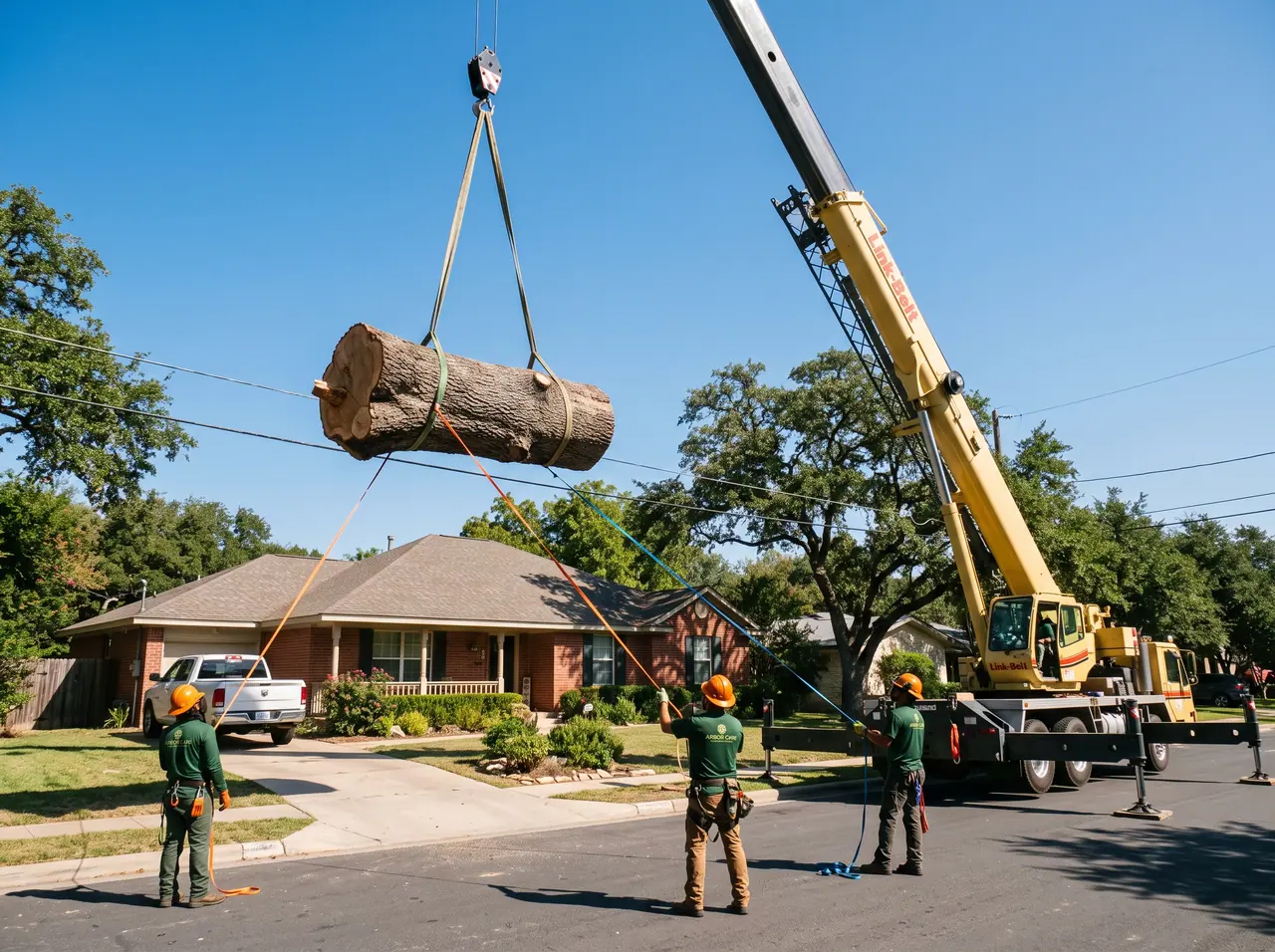 Mobile crane lifting a large section of oak trunk clear over a suburban house