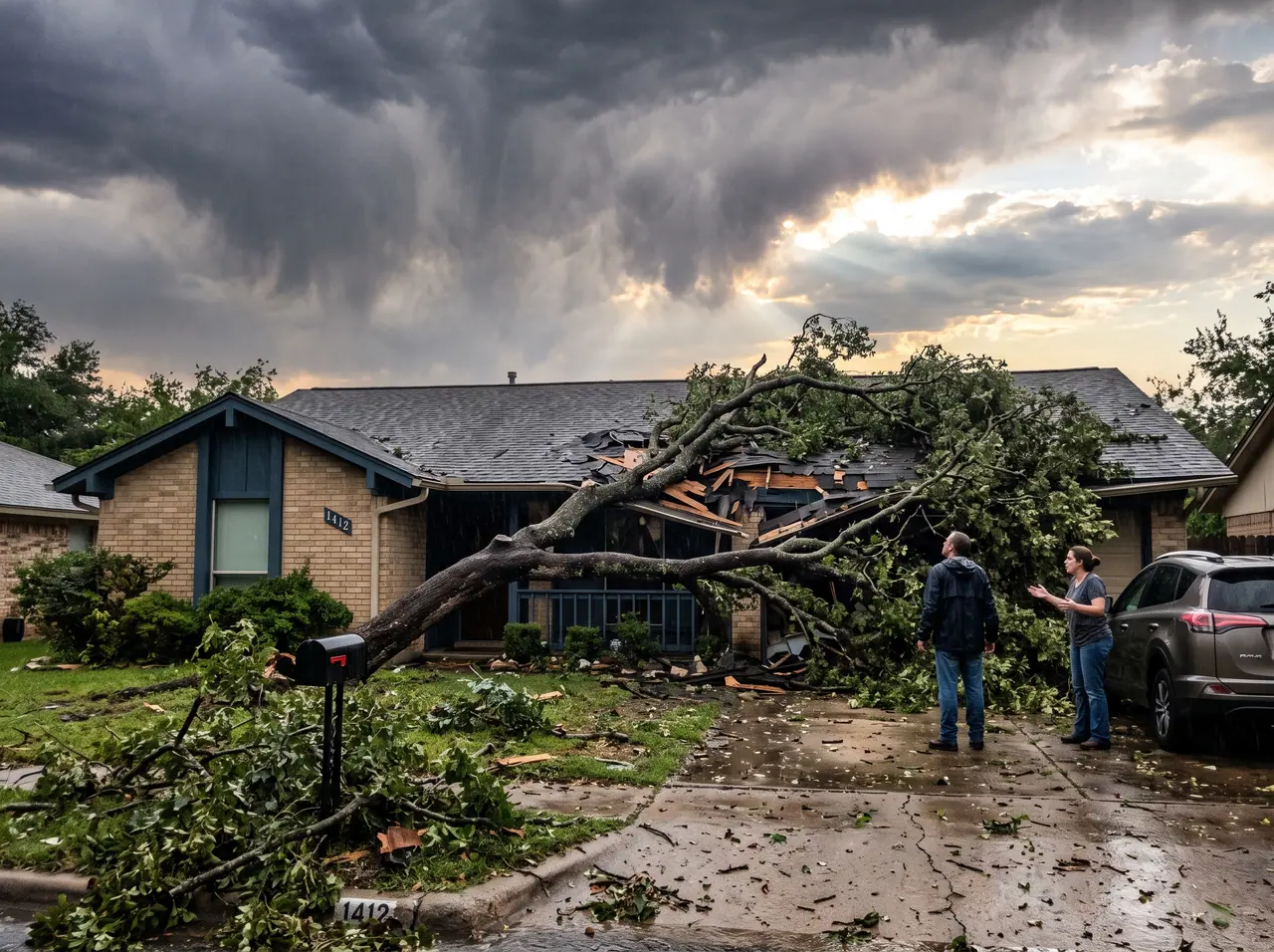 Large oak limb fallen across the roof of a suburban Texas home after a severe storm