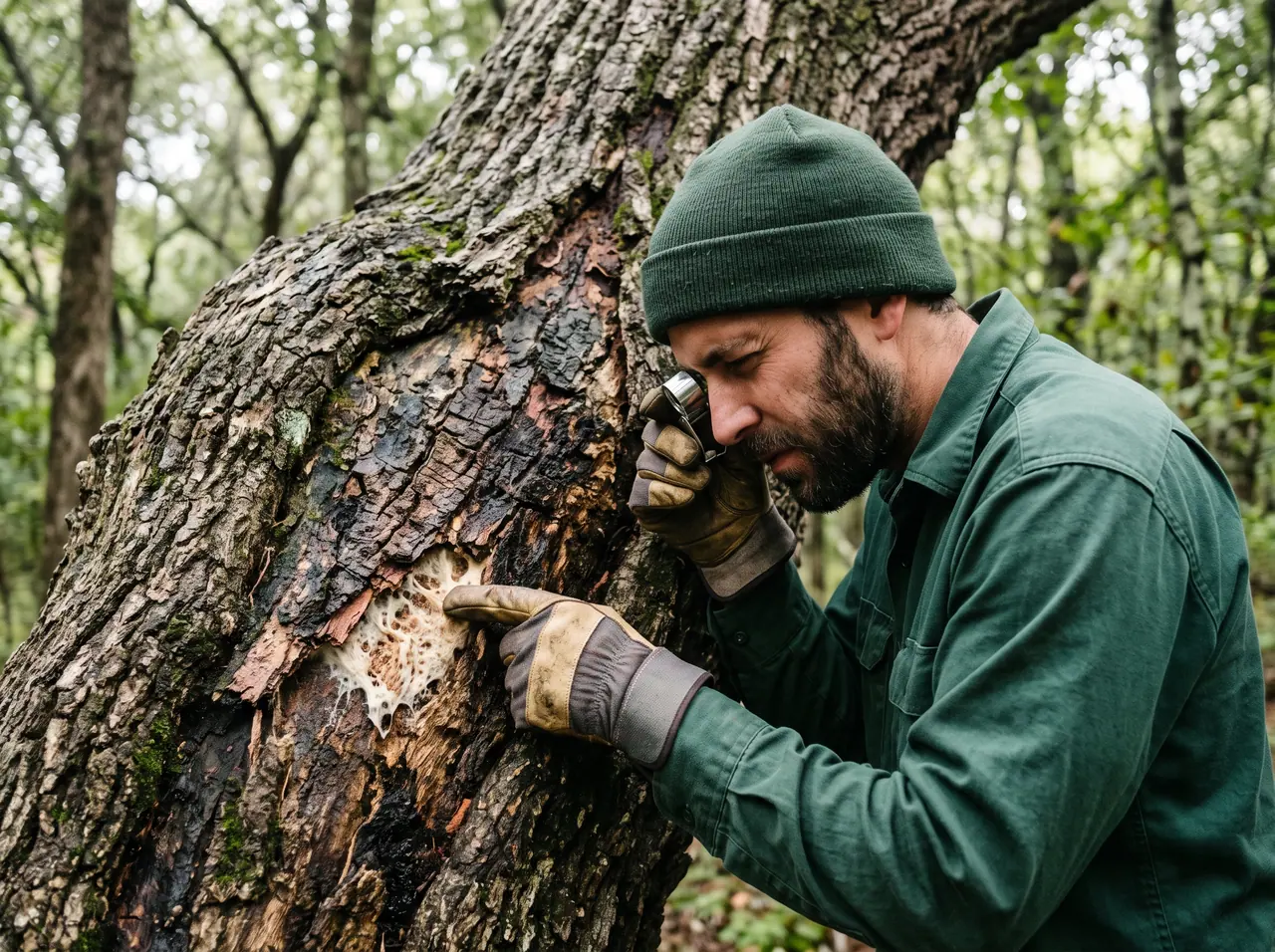 Arborist examining diseased bark on a live oak trunk with a hand lens
