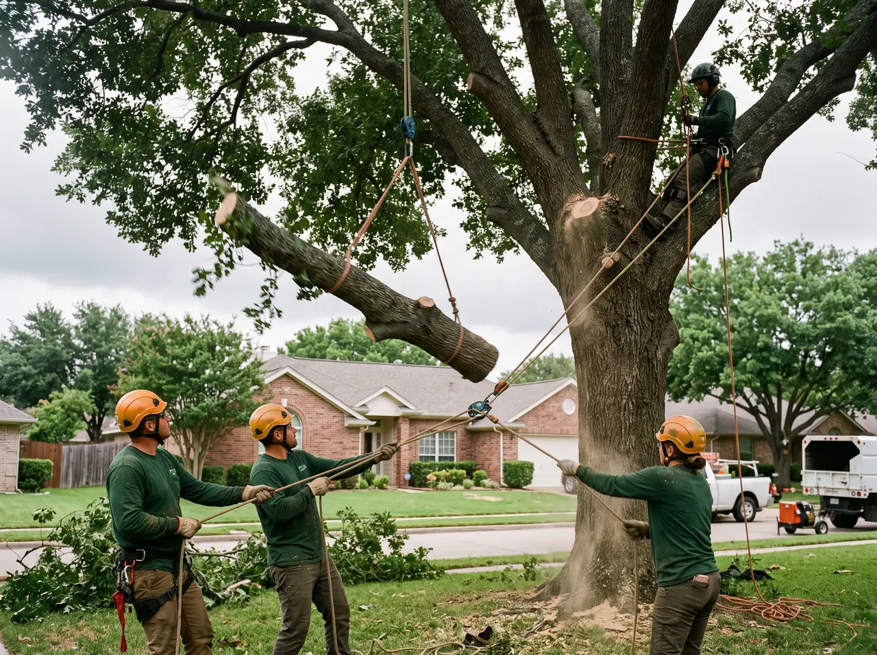 Tree crew lowering a large oak limb on rigging ropes in a residential front yard