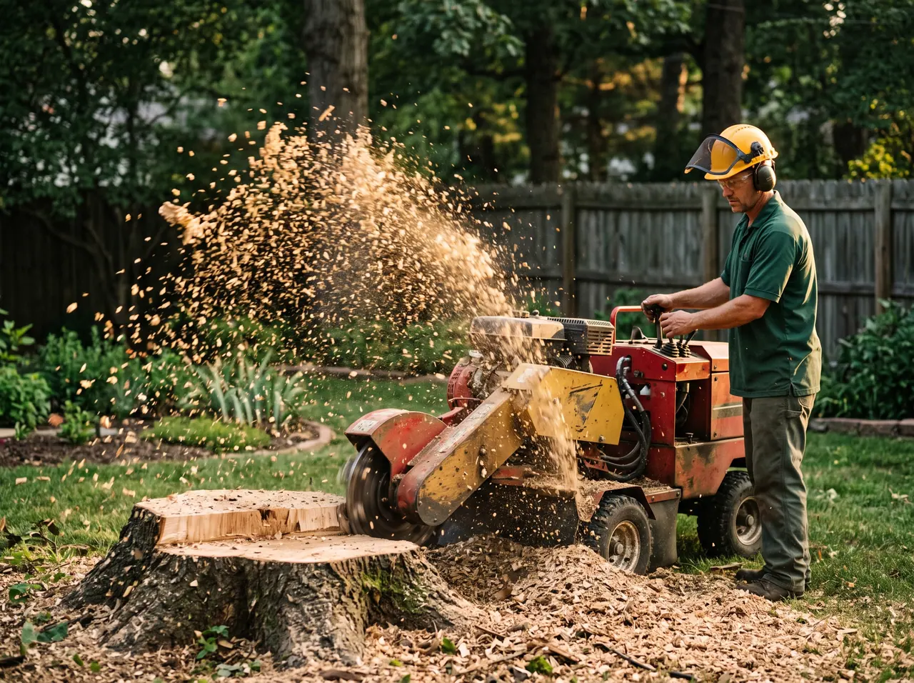 Stump grinder cutting into a large tree stump with wood chips flying
