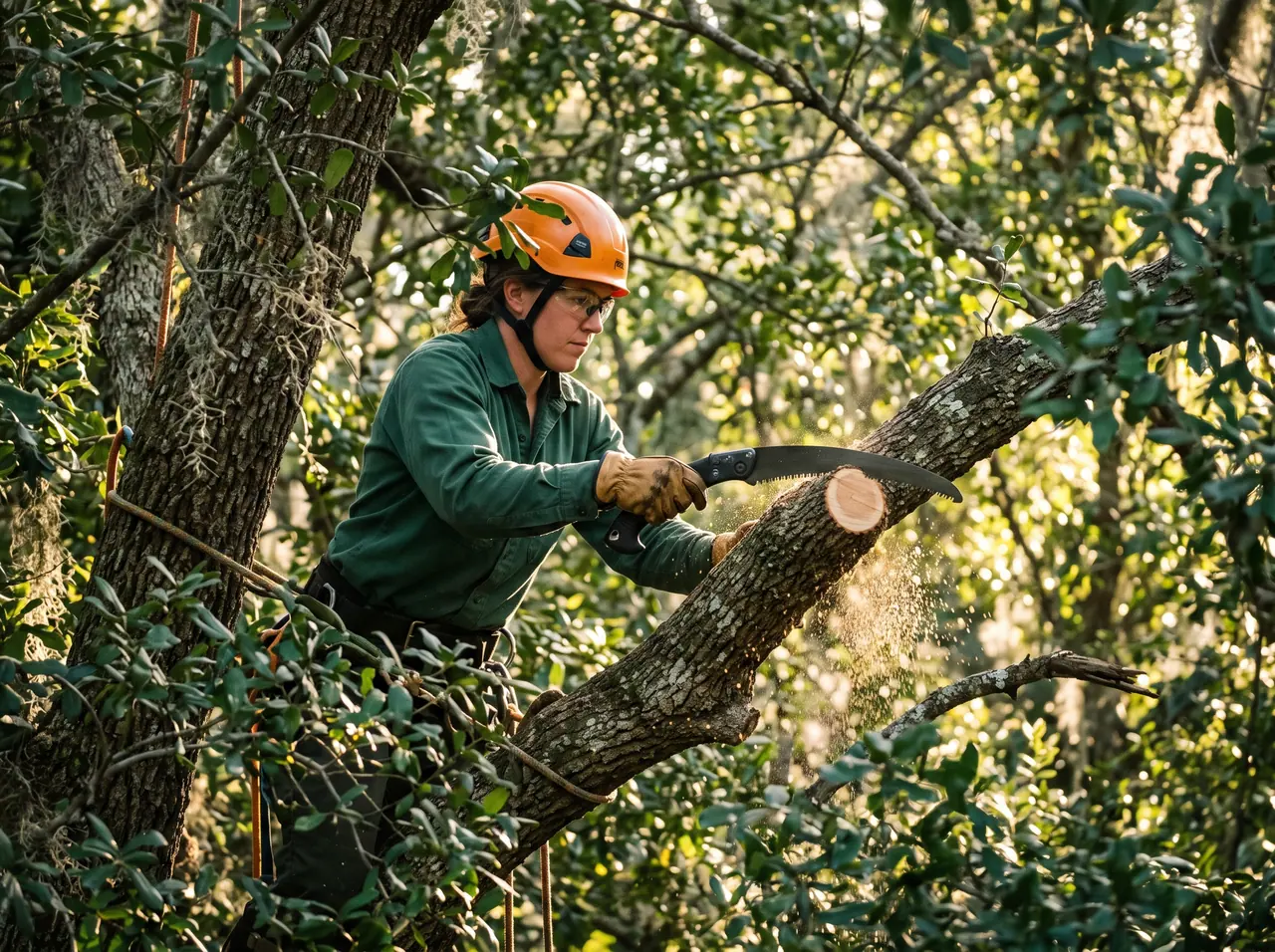 ISA Certified Arborist making a precise pruning cut on a live oak limb with a hand saw